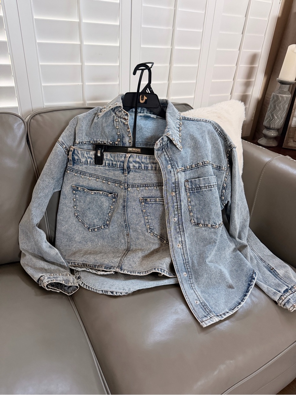 Light Blue Stud-Trim Denim Jacket and skirt set!